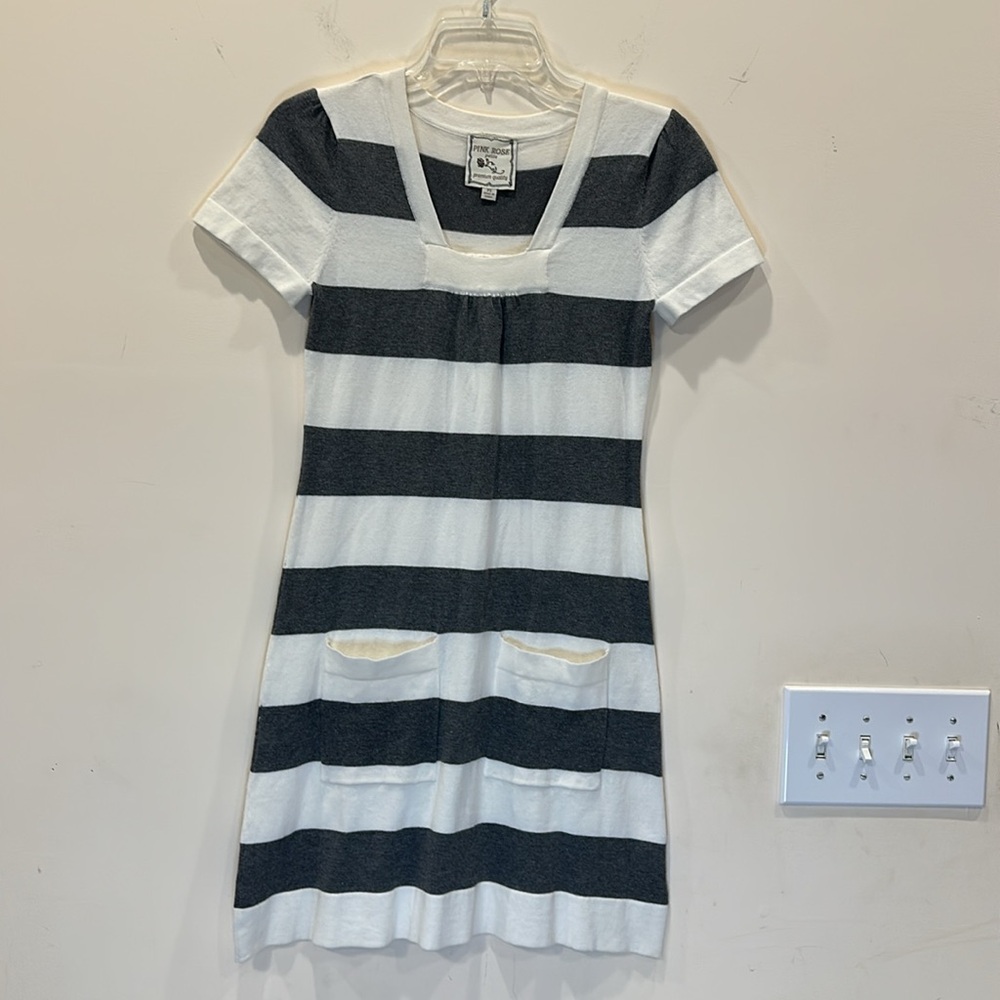Pink Rose Sweater Dress Gray and Cream Retro Striped